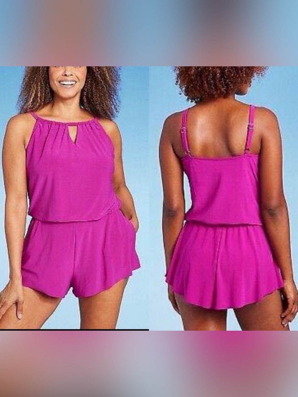 NWT Aqua Green Women's Keyhole Swim Romper, Crush Pink/Fuchsia , Size Medium